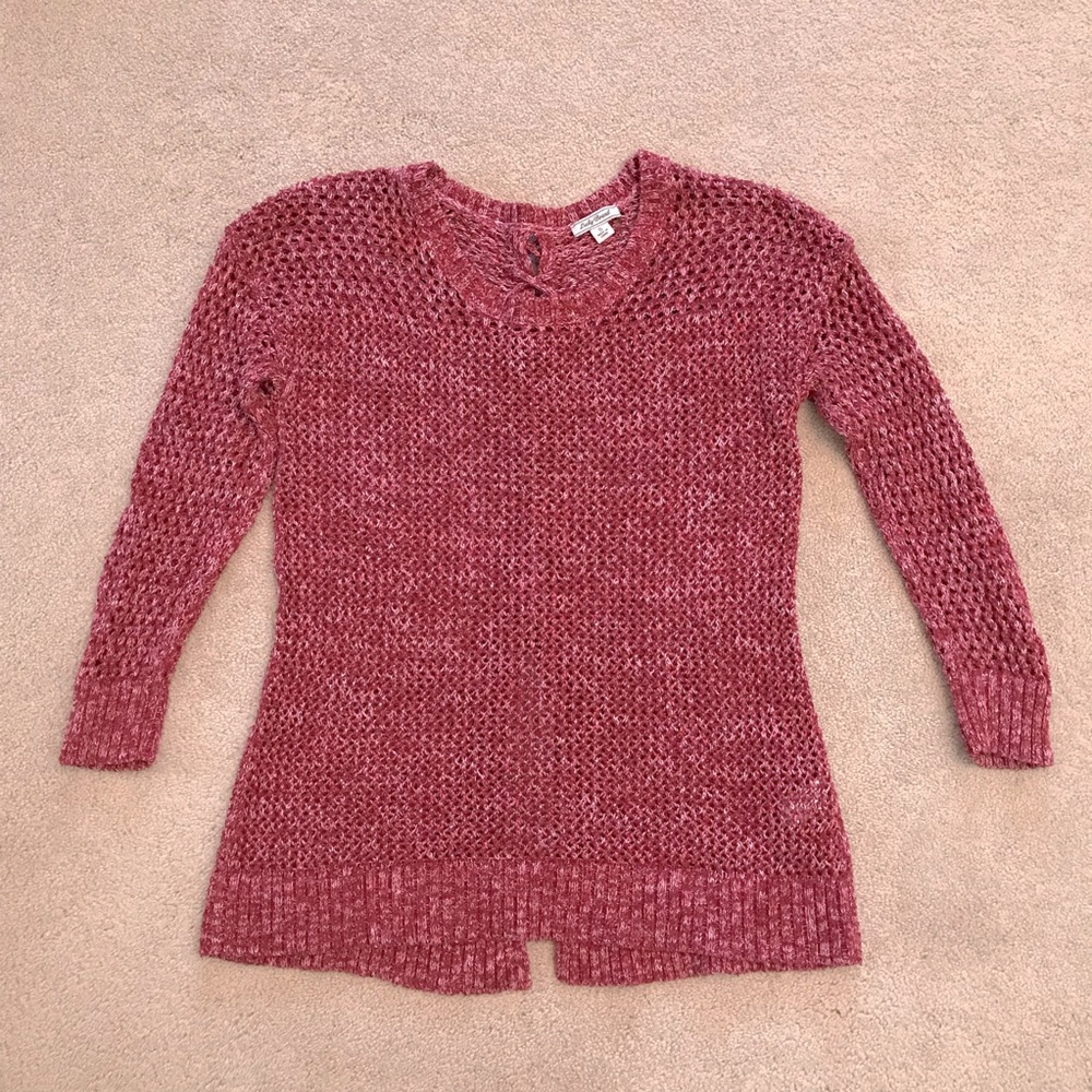 Lucky Brand Sweater Womens Small Burgundy Wine Scoop Neck Open Knit Split Back